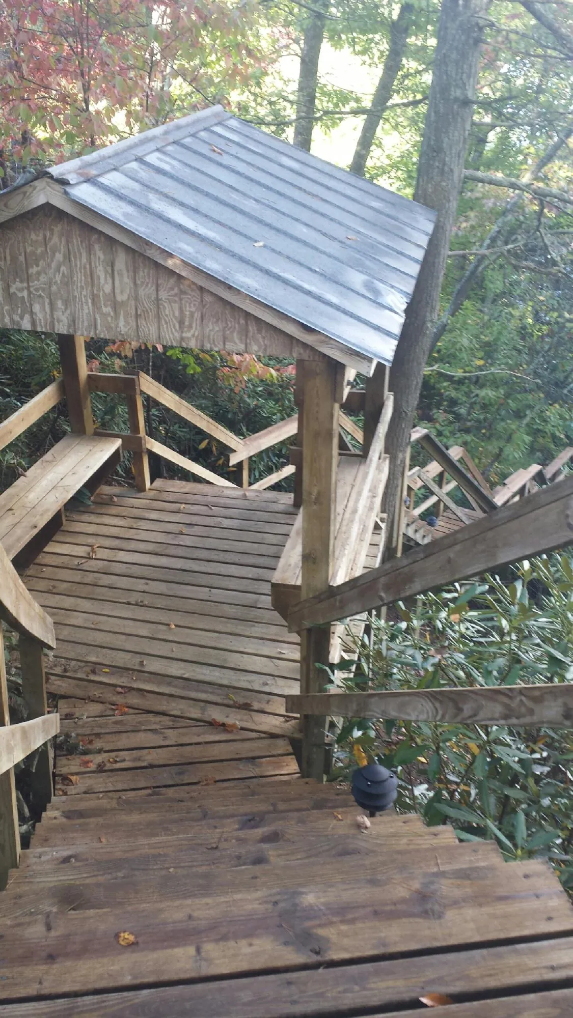 Metal roofed shelter over wooden steps on a wooded walkway — Skylight Repair & Installation work by our crew in Nicholson
